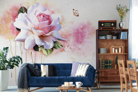 طرح پوسترکاغذ دیواری گل رز صورتی وپروانه 012f